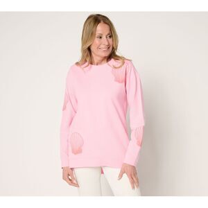 Maya J Women's Top Sz L Denim & Co. French Terry Crew Neck Puff Pink A689588